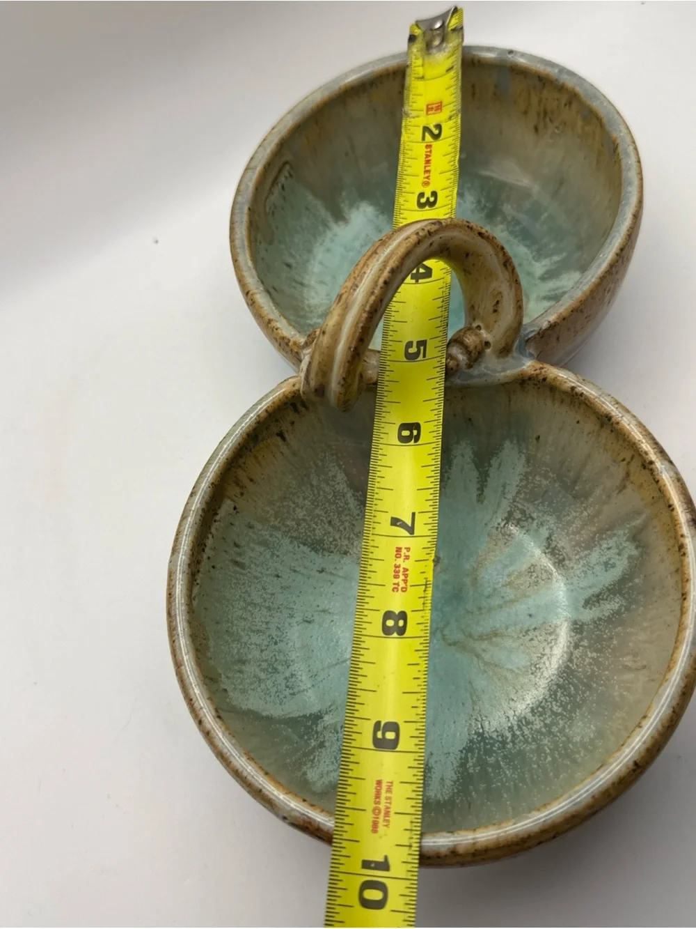 Studio Handmade Pottery Double Serving Dish Aqua Blue Periwinkle & Brown Signed